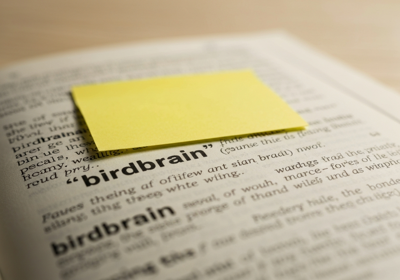 Dictionary and notes showing the plain-English meaning of “birdbrain”.