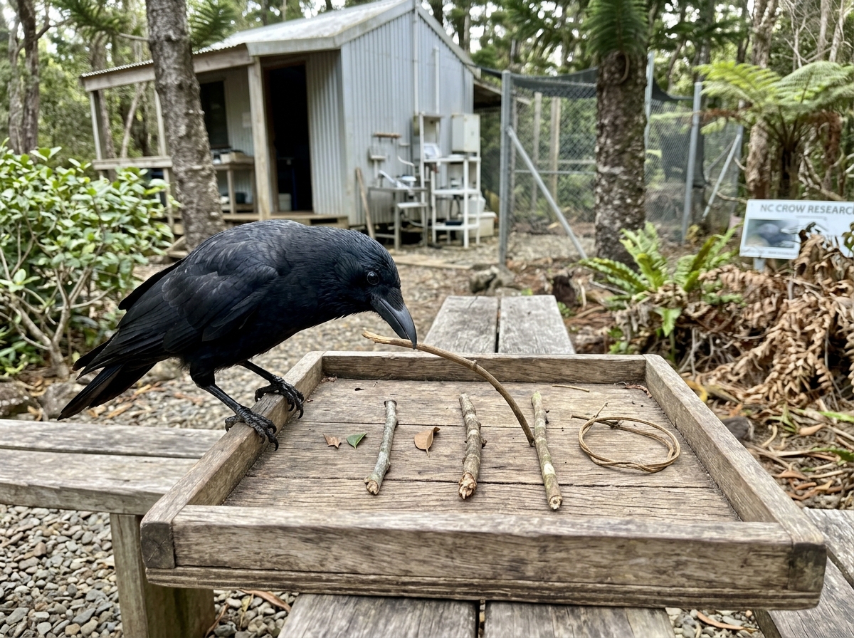 Bird tool-use setup illustrating birds misread as “stupid”.