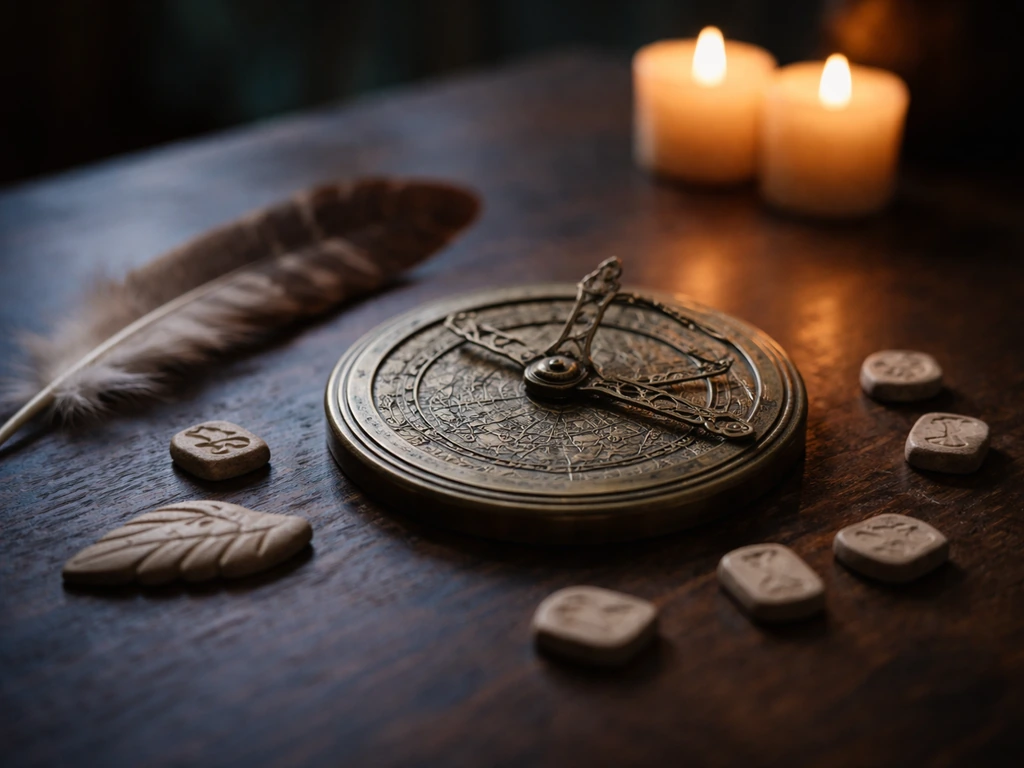 Ancient-style astrolabe and tarot-like omen objects on a wooden table under candlelight