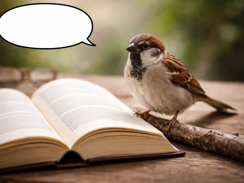 A sparrow perched beside an open legal book, high-contrast bird law concept image.