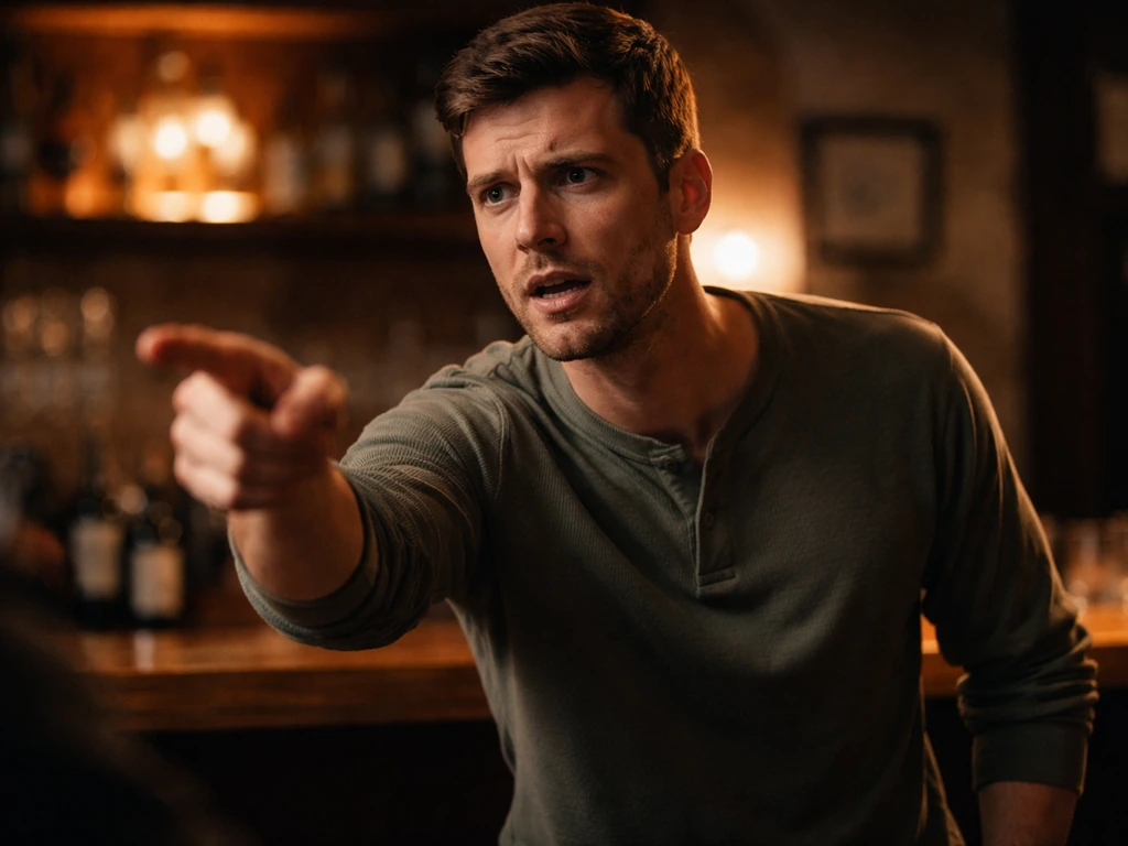 Warm bar interior scene with an unidentifiable man gesturing like a TV “bird law” joke moment.