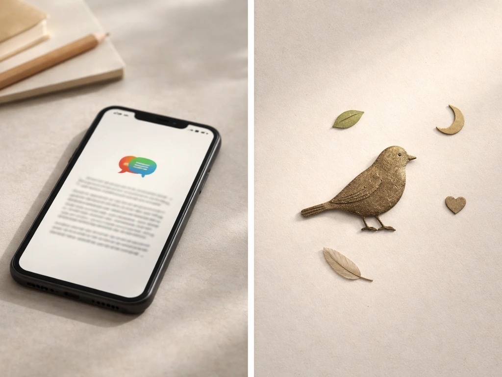 Split panels: phone with meme-style legal bubble on the left; ornate bird symbolism with icons on the right.