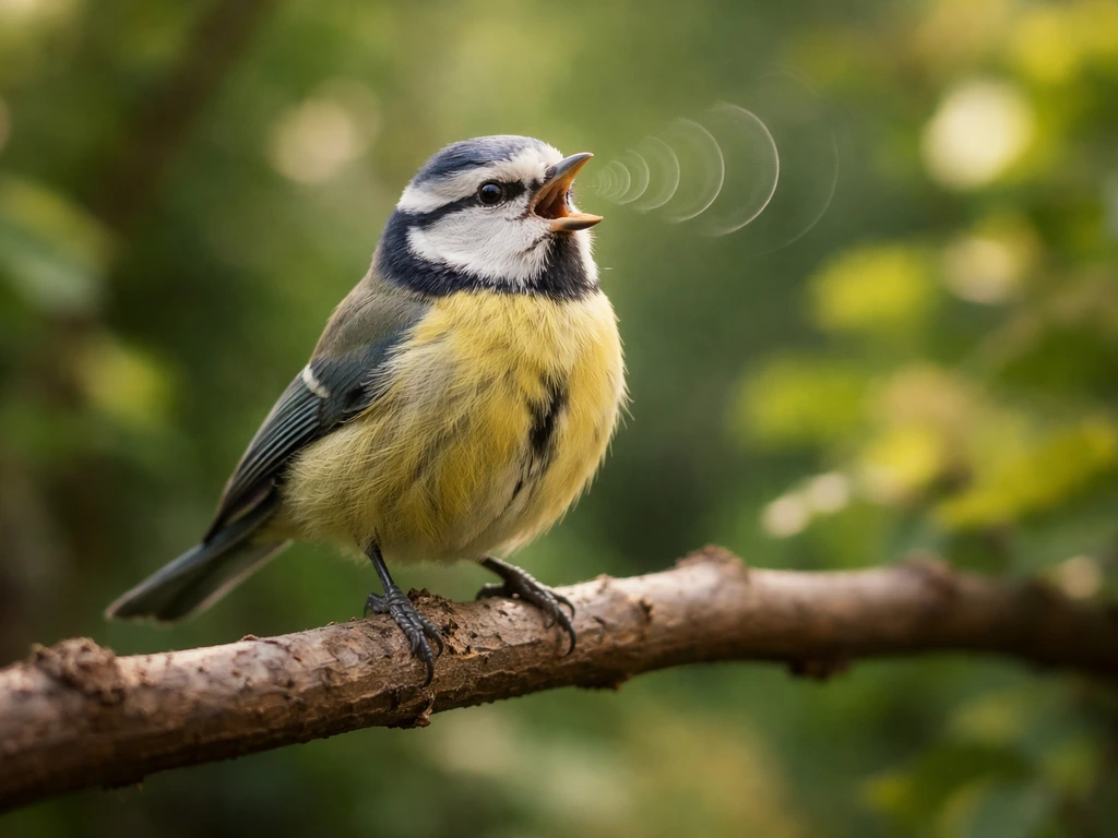 A small bird perched on a branch with its beak open mid-song in soft morning light
