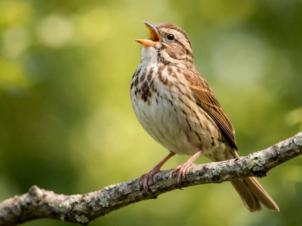 A small songbird perched on a branch singing with its beak open against soft green foliage bokeh.