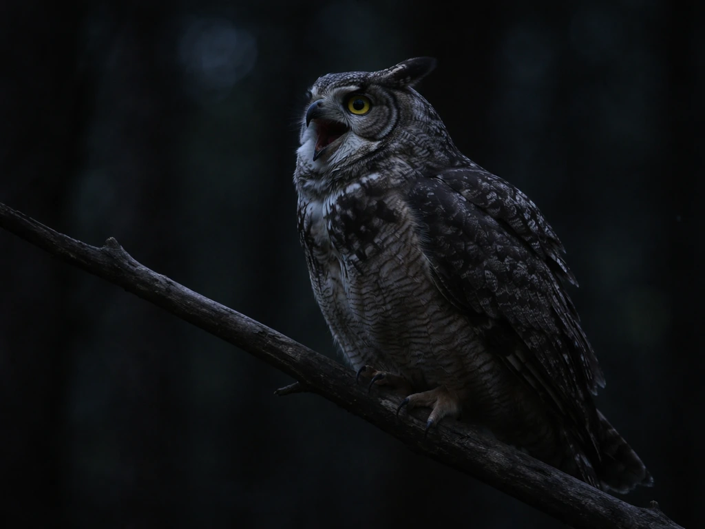 A great horned owl perched at night, hooting in the dark woods under dim moonlight.