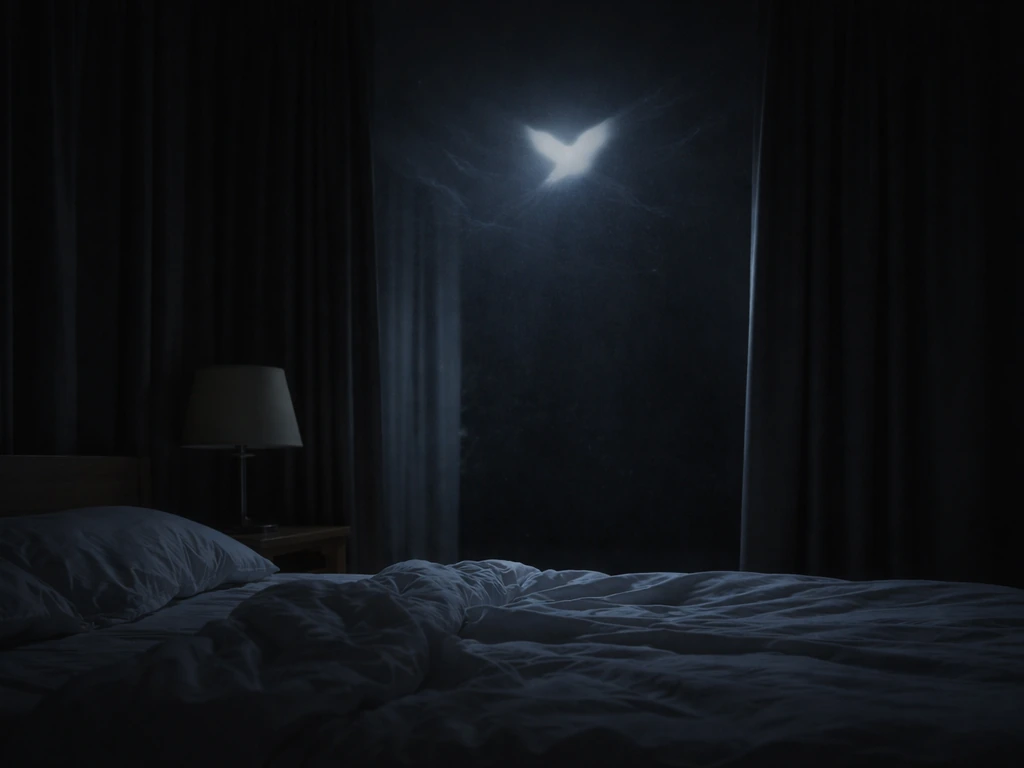 Dim bedroom at night with a faint bird silhouette in the dark and subtle ethereal glow suggesting dream bird sounds.