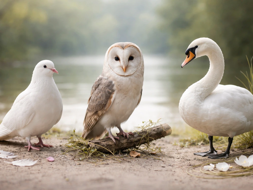 A minimal lineup of a dove, an owl, and a swan with subtle natural motifs near each bird.
