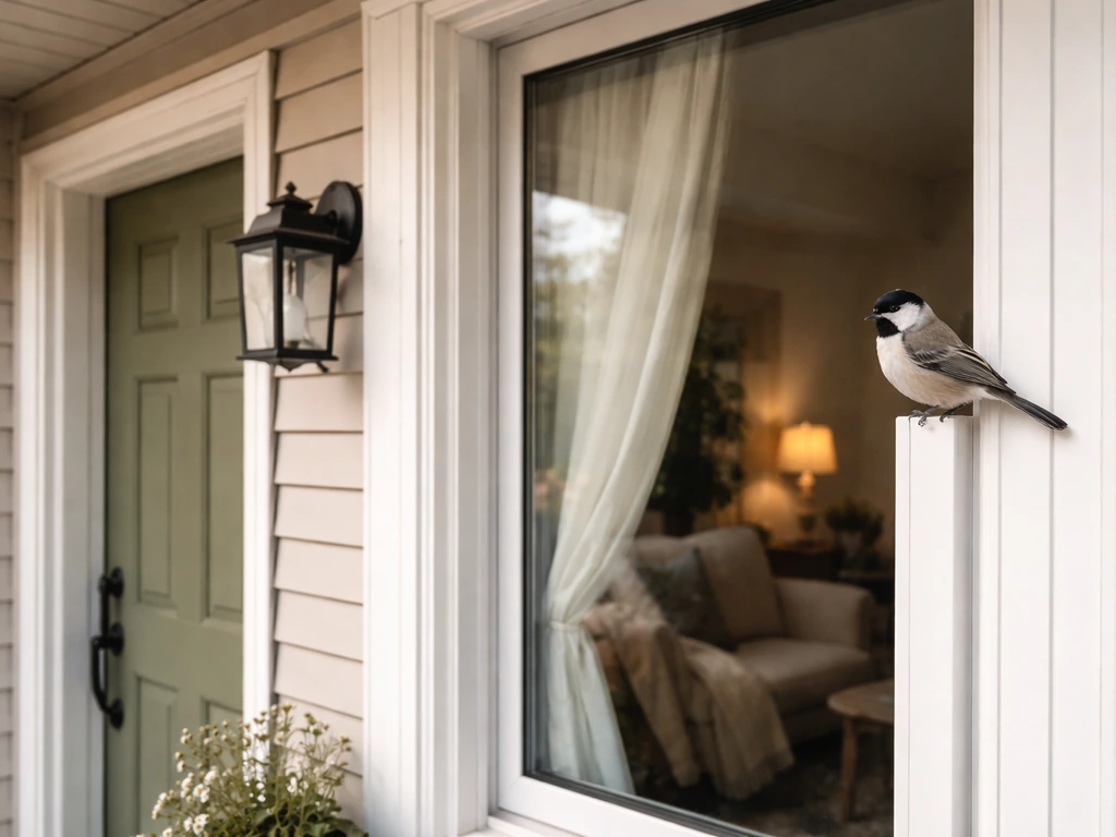 A small bird perched near a doorway and window of a quiet home entrance at daylight.
