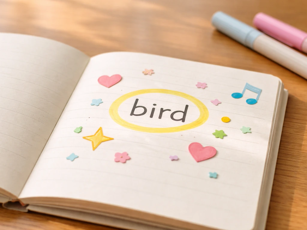 Open scrapbook page with “bird” highlighted and a few colorful emoji-like stickers on a wooden table.