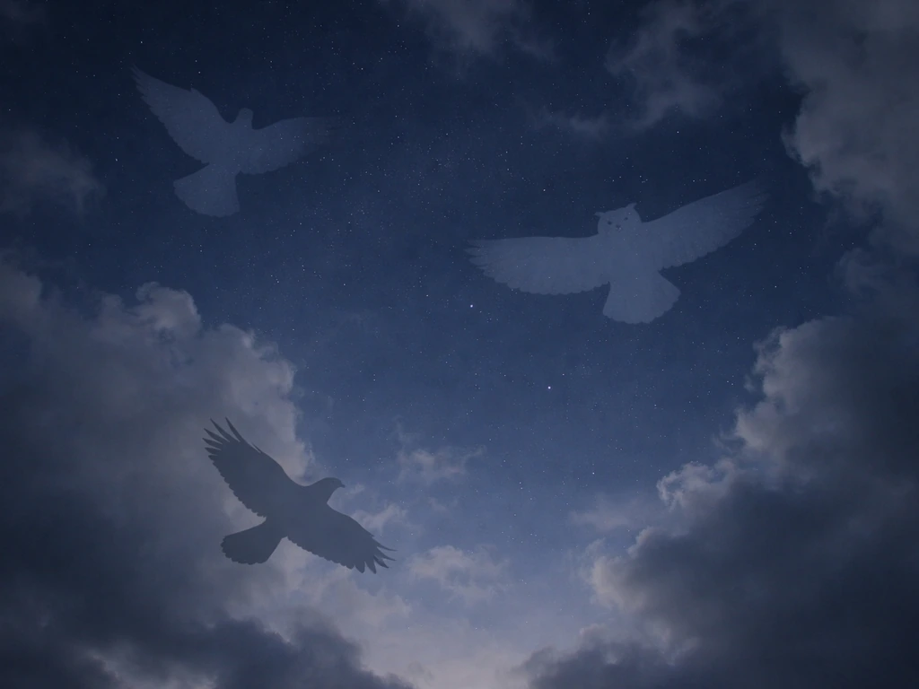 Night sky with faint stars and subtle semi-transparent silhouettes of a dove, owl, and crow.