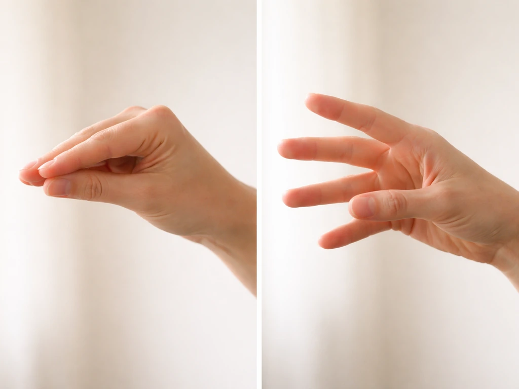 Two side-by-side hand gestures showing a closed pecking motion vs a different similar hand shape.