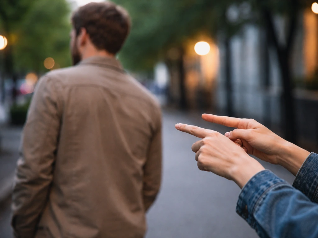 Two hands in a dismissive gesture, person turned away on a quiet street to show offensive dismissal context safely.