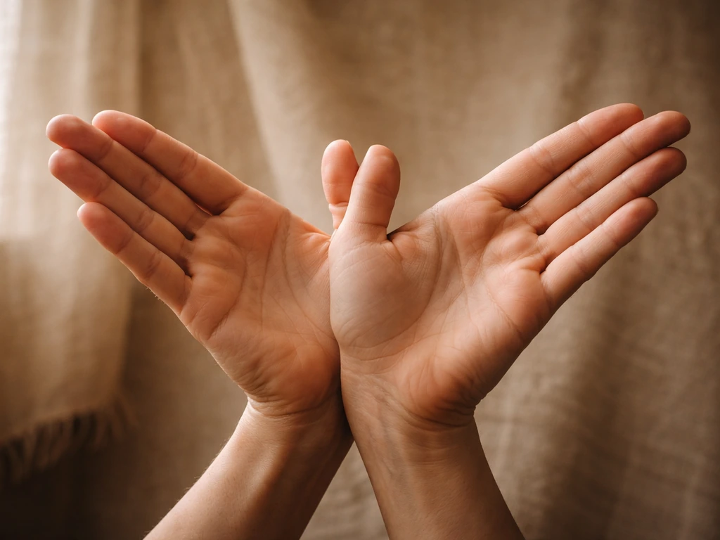 Close-up of hands forming a dove/wing-like ritual gesture on a warm, textured background.