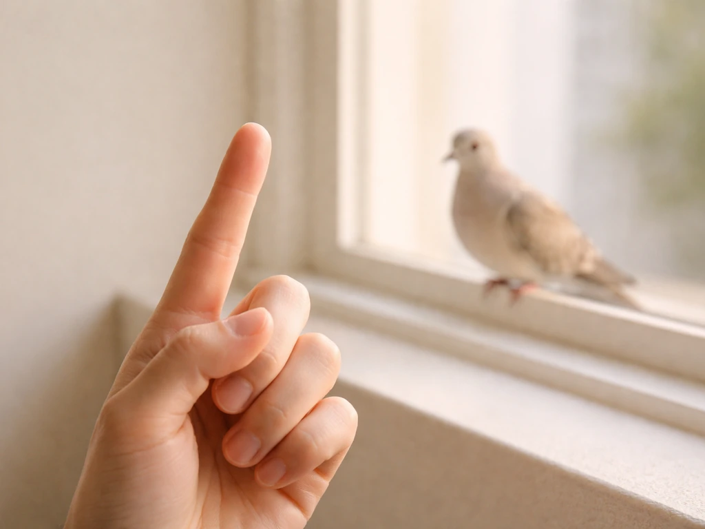 A hand pointing upward with a dove perched on a window ledge in soft background light.