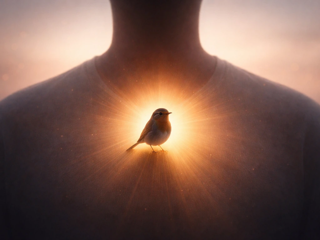 A small bird perched near a faceless chest silhouette with gentle golden light, symbolizing bird chest man meaning.