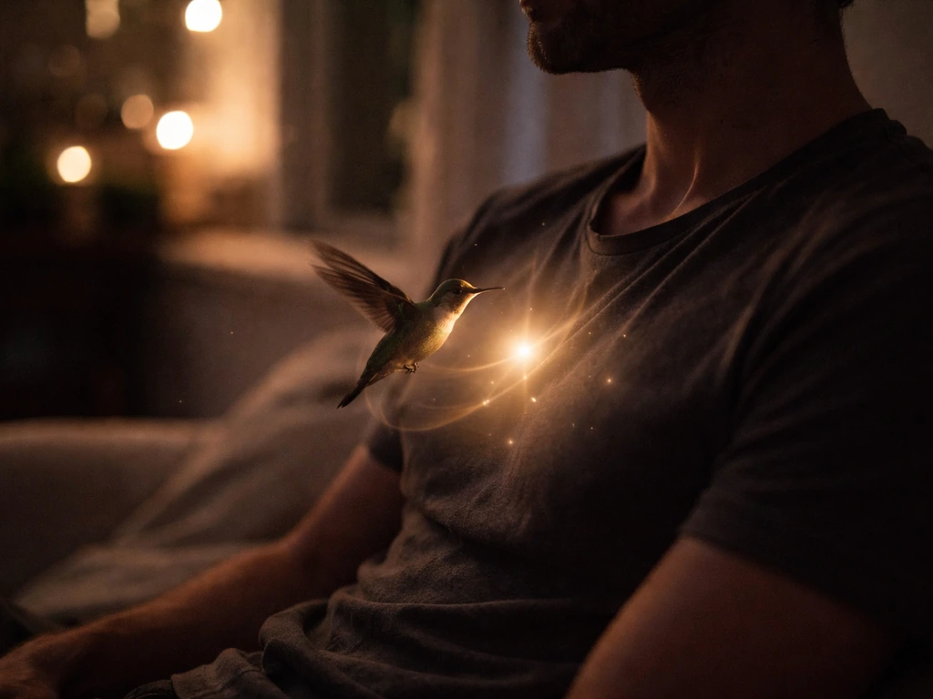 A small bird hovers near a man’s chest with faint glowing light trails in a calm dim room.