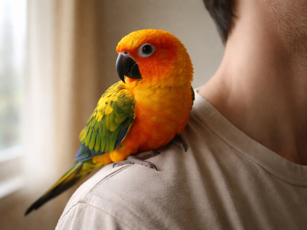 A pet parrot perched close to a person’s shoulder and upper chest, relaxed and cozy