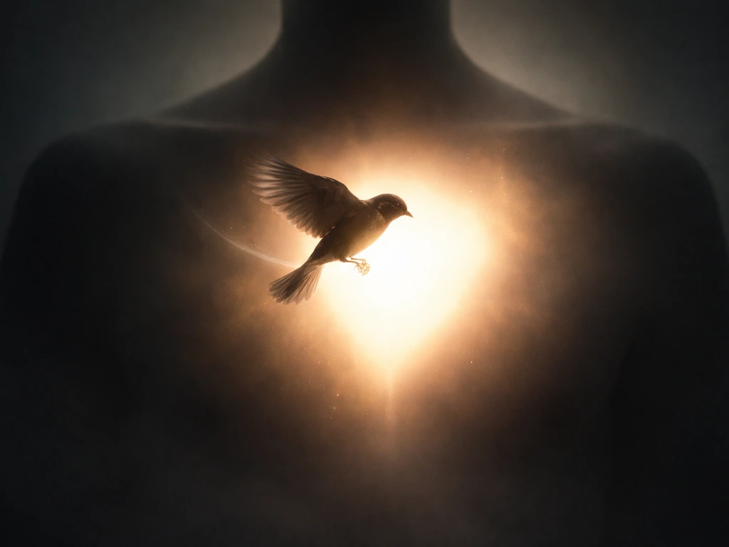 A glowing chest silhouette with a small bird descending toward it in a surreal, ethereal photo.
