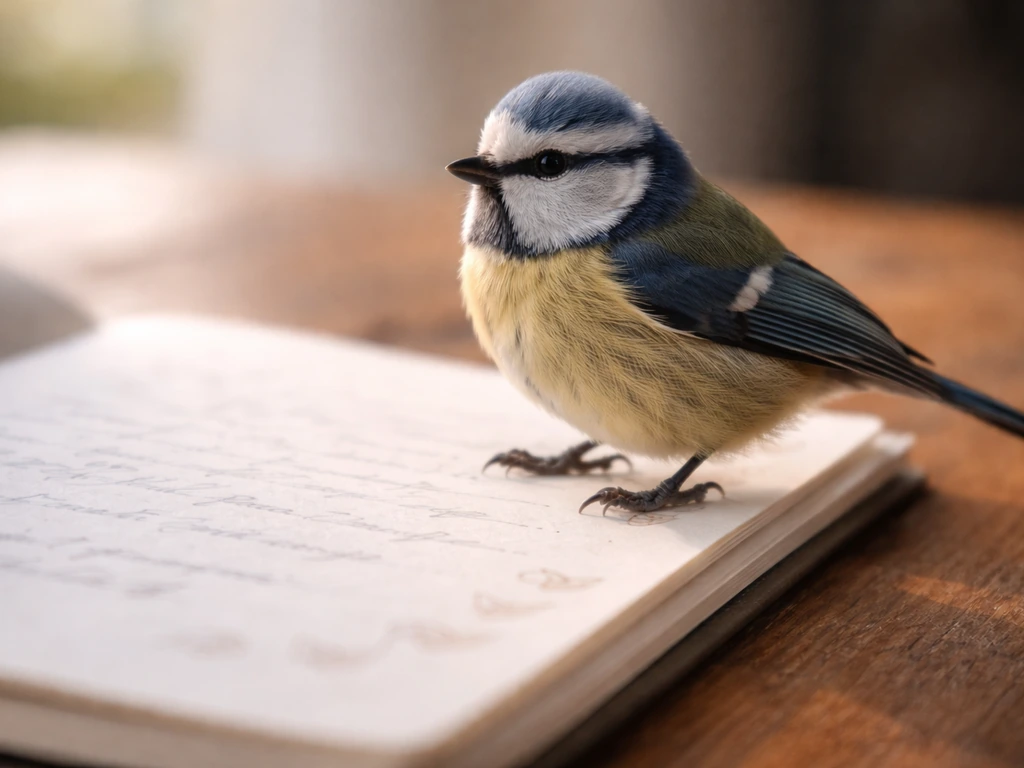 Close-up of a small bird perched on a notebook edge with faint blurred bird-symbol icons nearby.