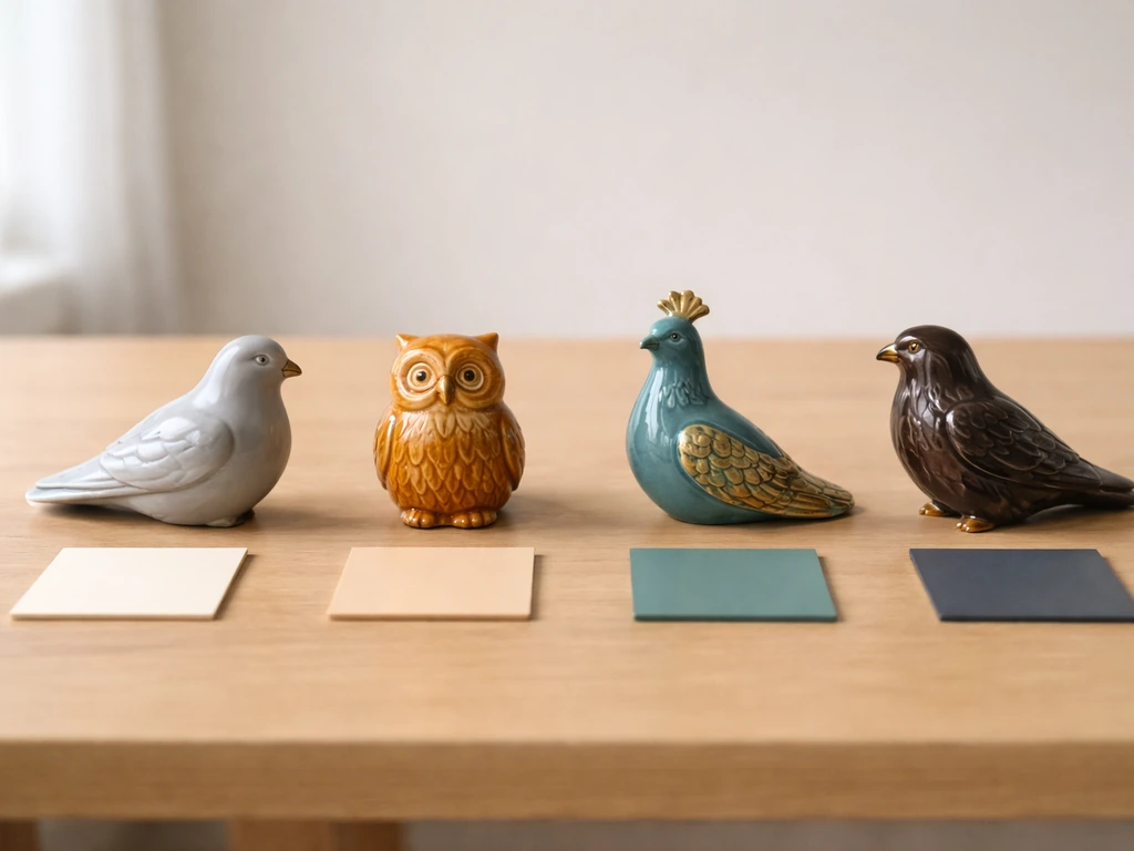Four bird figurines representing dove, owl, peacock, and eagle with blank category chips on a table.