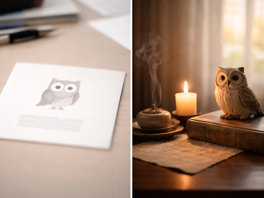 Minimal split photo: owl illustration card on the left, warm candlelit study motif on the right.