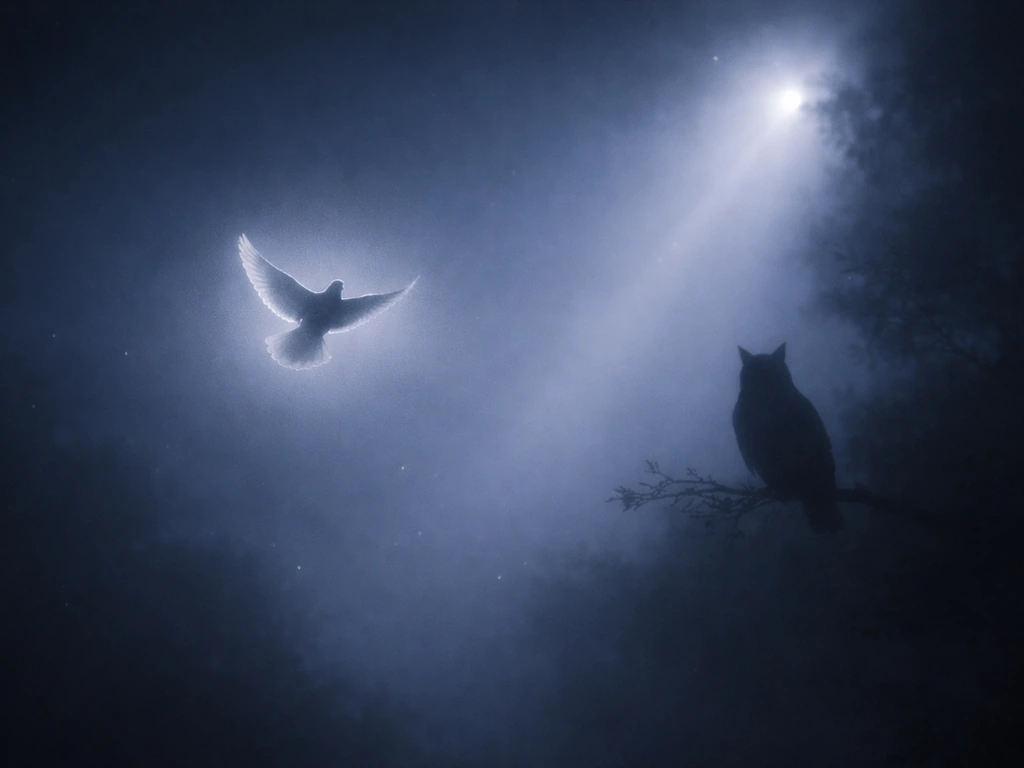 Dreamy night silhouettes of a dove hovering and an owl perched in soft moonlit fog.