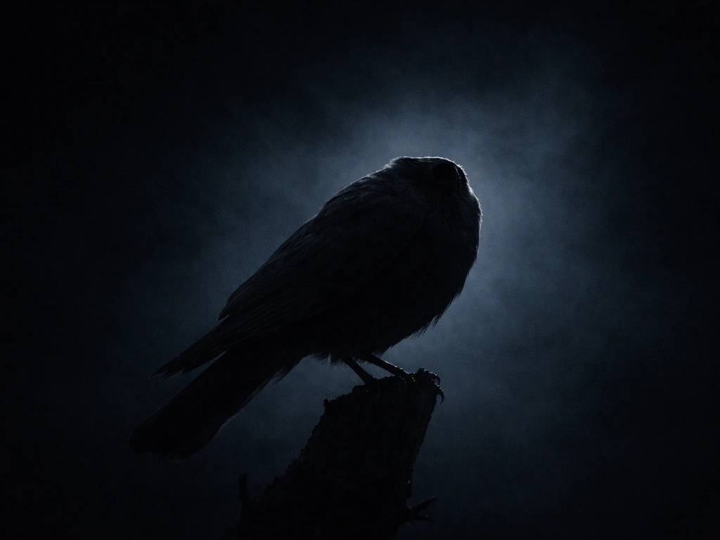 Dark silhouette of a headless bird perched in a shadowy, minimal setting