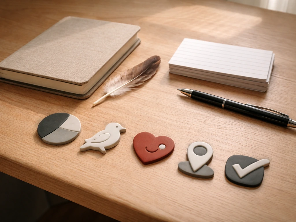 Minimal tabletop scene with five simple decision icons suggesting real life vs dream, bird details, feelings, time/place