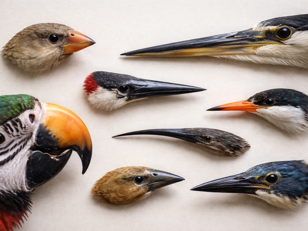 Close-up collage of different bird beak shapes showing varied forms and textures.