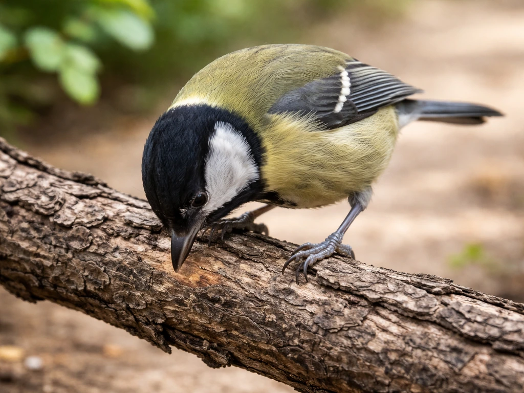 Bird wiping its beak on a branch while perched, close-up view of beak action and natural surroundings