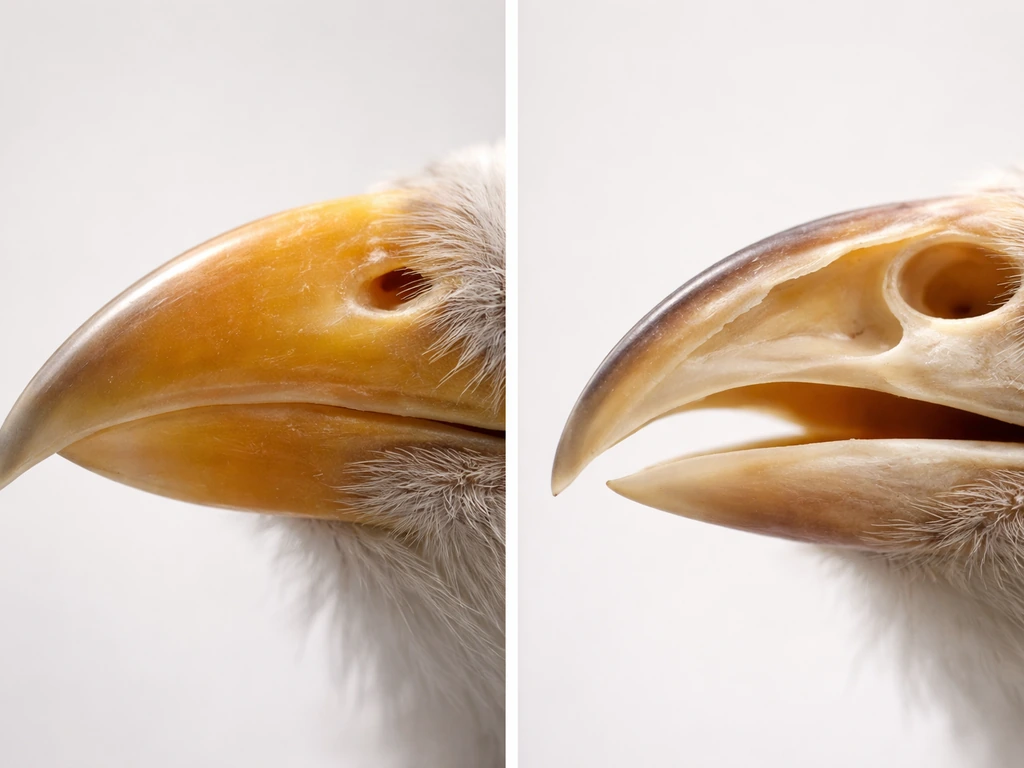 Close-up of two bird beaks with visible differences: keratin outer layer vs bony internal structure.
