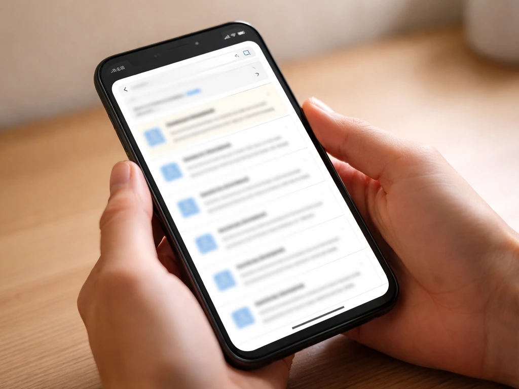 Phone showing blurred search results cards, hands on a simple desk, natural light.