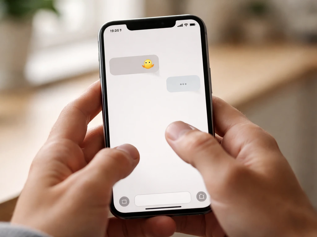 Close-up of a person’s hand hovering over a phone, with a single chat bubble containing a generic bird emoji
