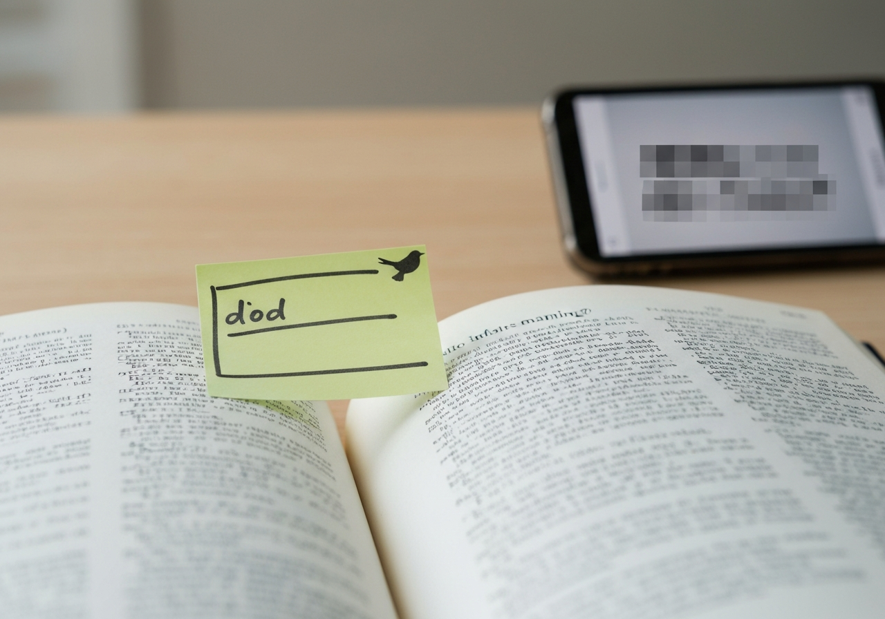 Open dictionary and blurred video thumbnail showing dual meanings behind “bird brain”.