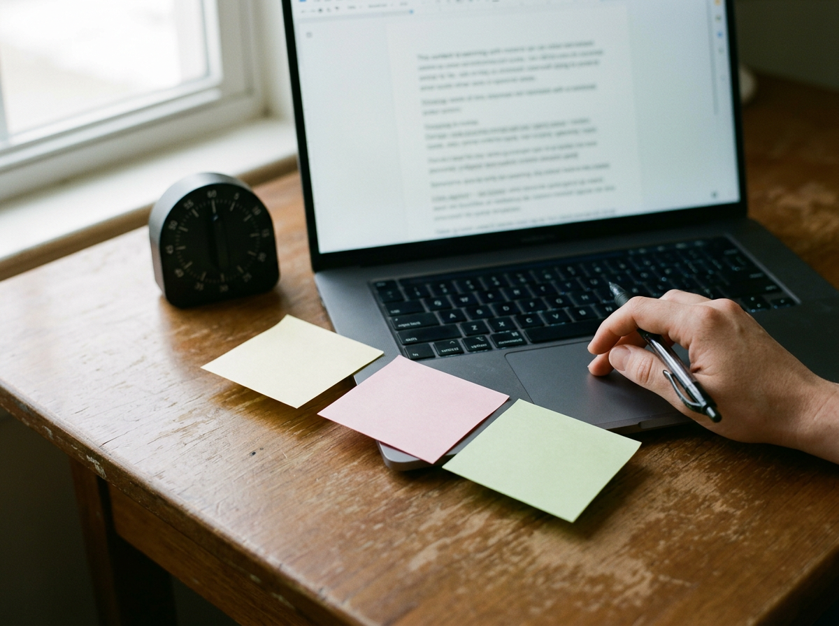 Laptop draft with blank sticky-note template checklist for writing a content warning.