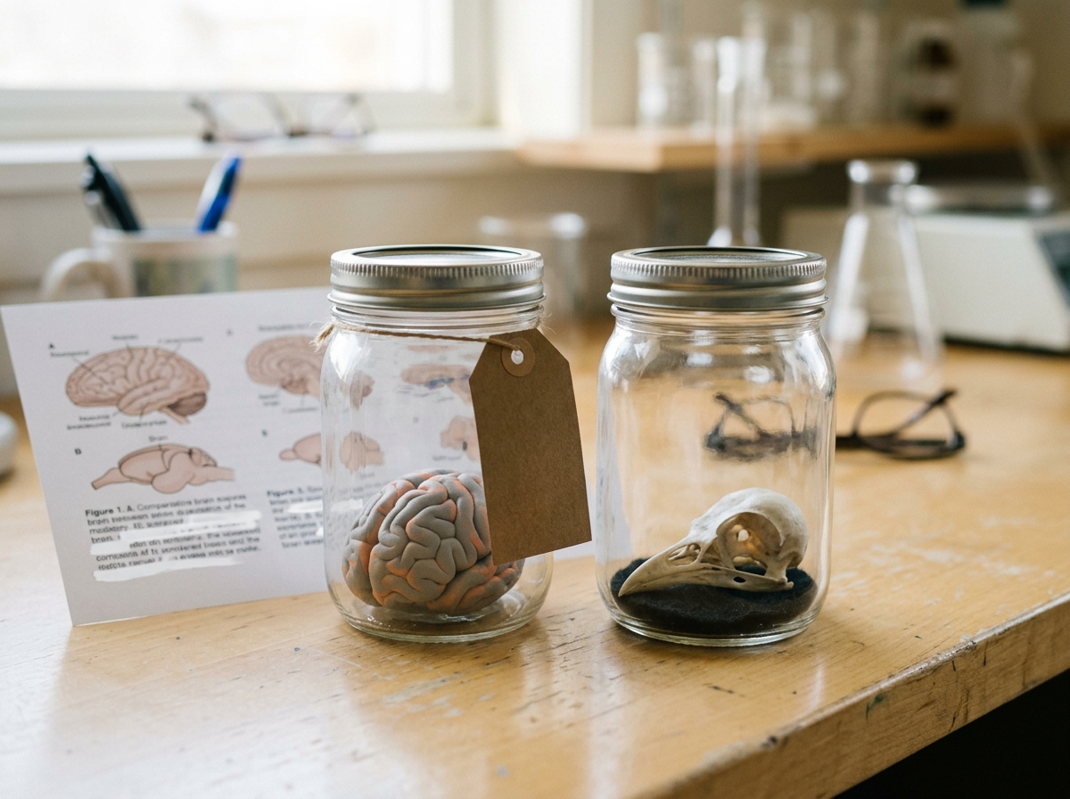 Clay brain model and bird-brain model jars illustrating facts vs myths.