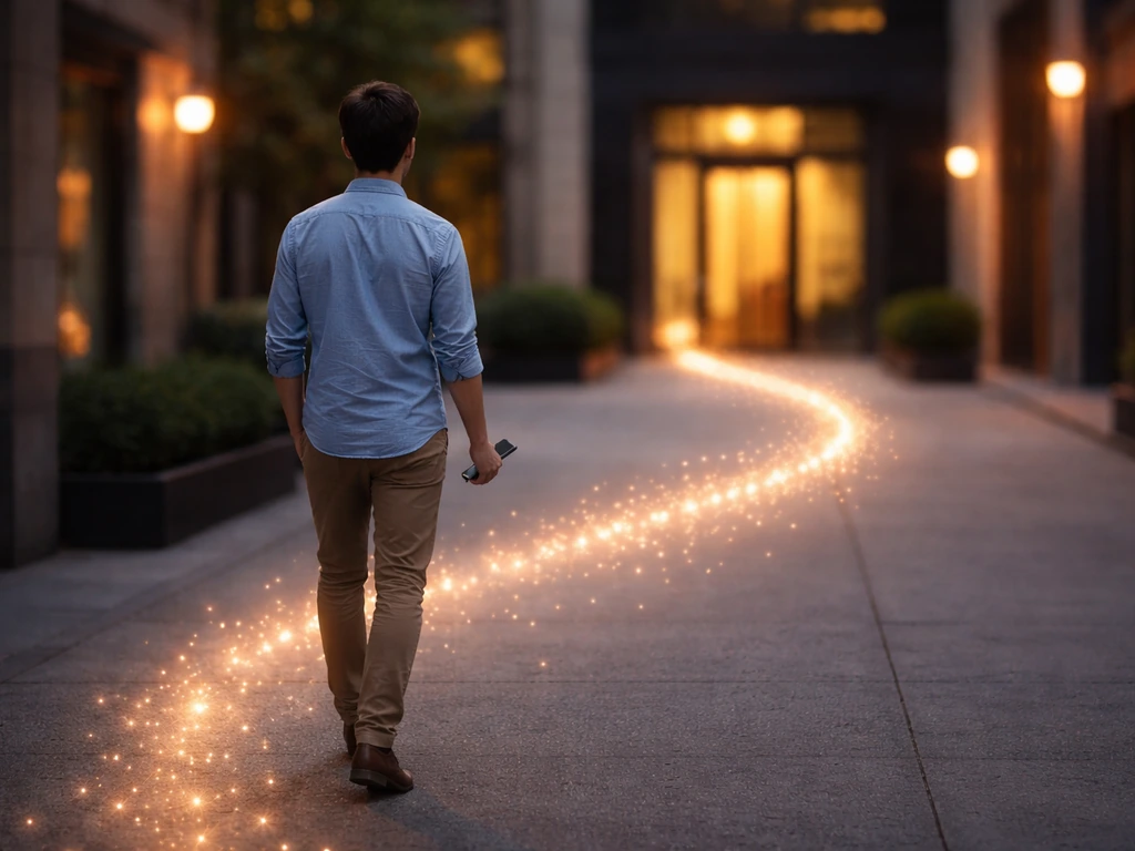 Business-casual person following a glowing lead trail toward a distant office doorway