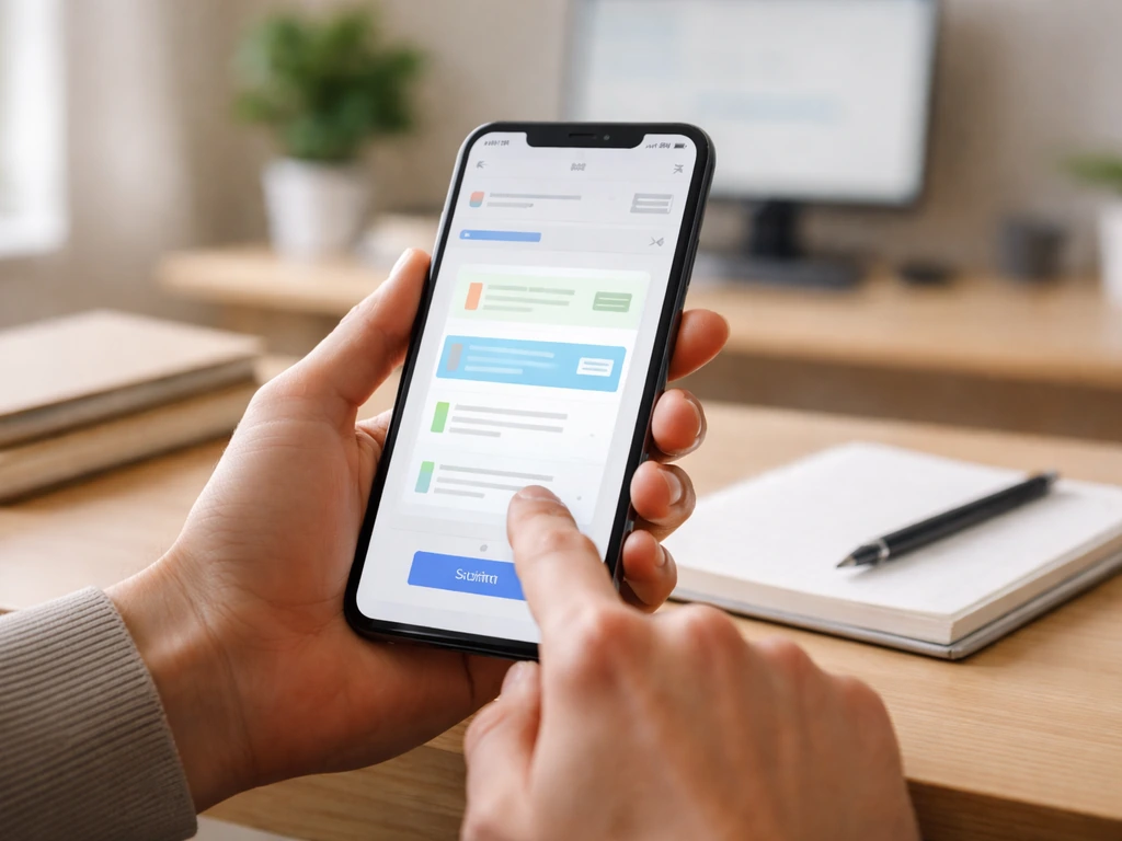 Hand holding a smartphone showing an anonymous lead handoff workflow to a salesperson in a quiet office.
