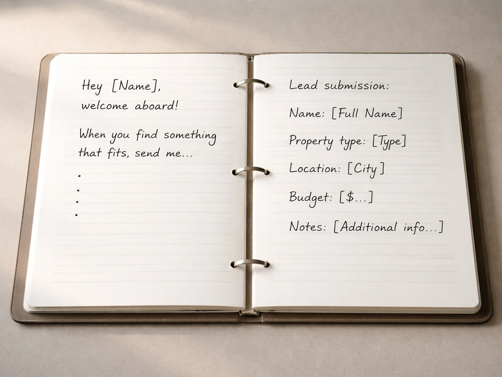 Close-up of an open notebook mockup showing a bird dog onboarding message and a lead submission format
