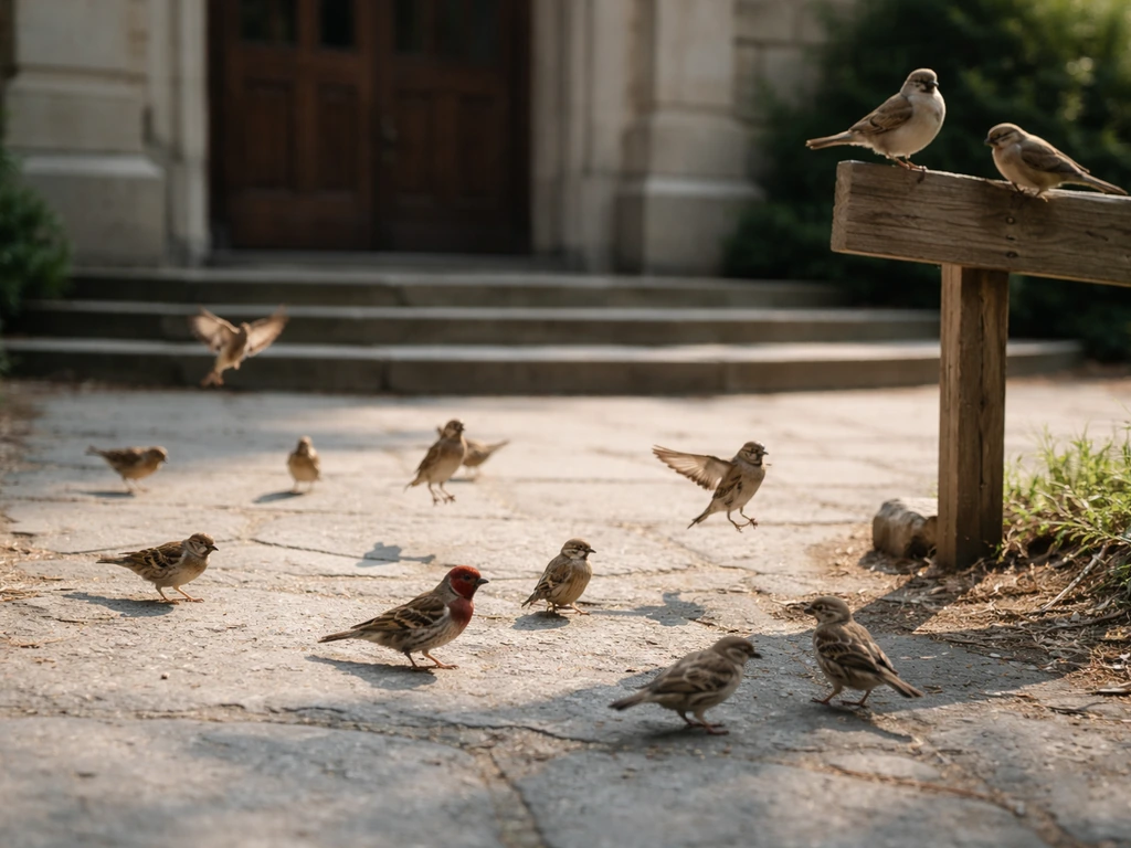 Sparrows and finches gathered around a church entrance steps and walkway in natural morning light.