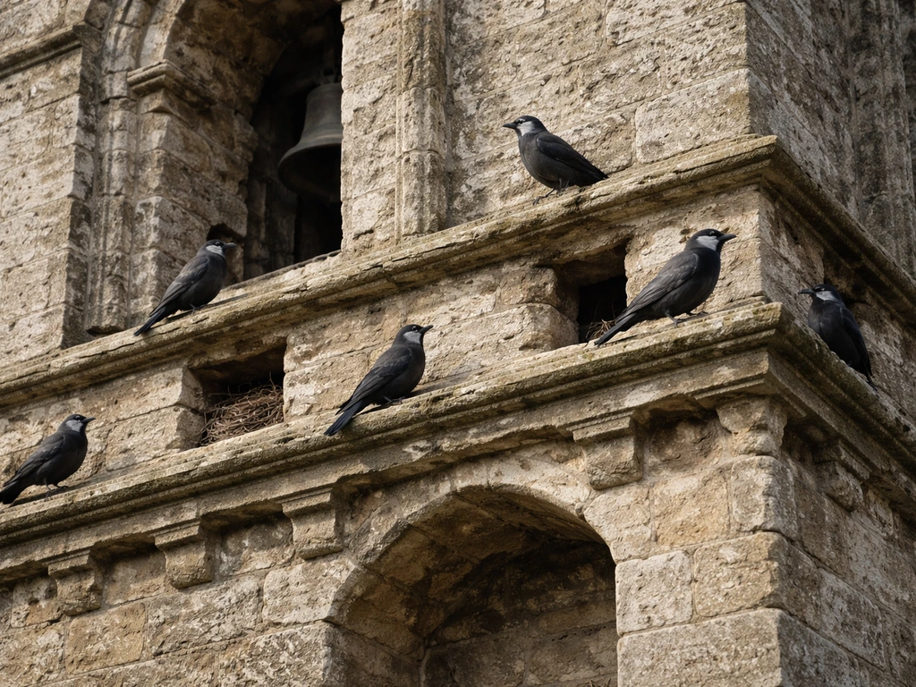 Old stone church bell-tower openings with small birds perched in sheltered ledges