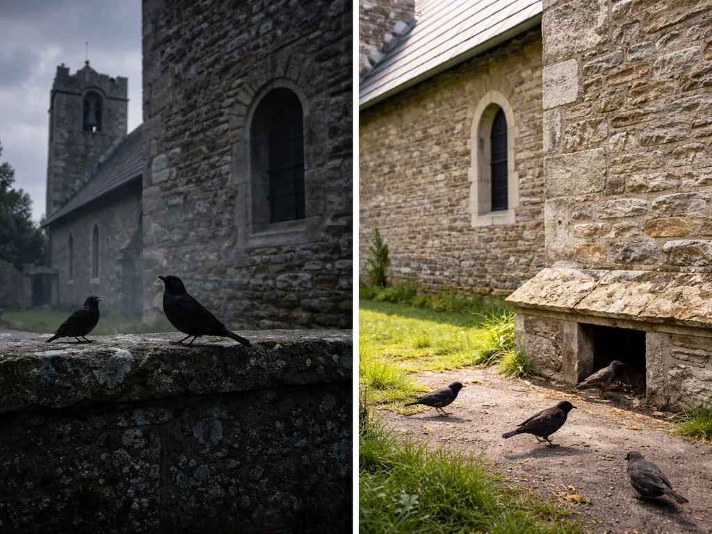Split image of church birds—left perched like an omen, right naturally feeding and sheltering.