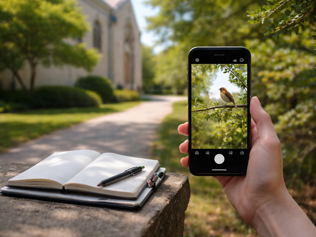 Smartphone photographing a distant bird beside a notebook on church grounds, safe-distance documentation setup.