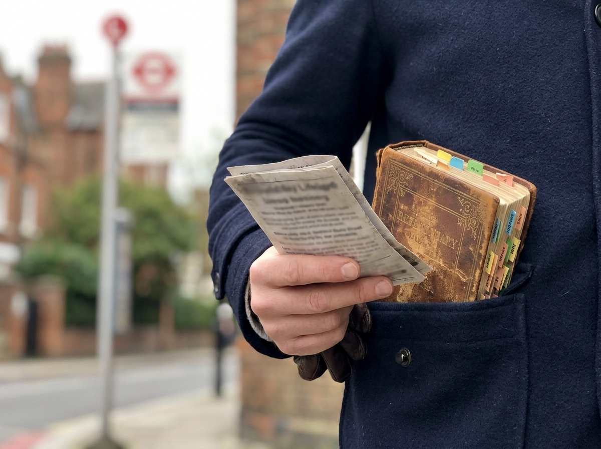 UK slang context using a tabbed phrasebook and out-of-focus UK street props (text blurred)