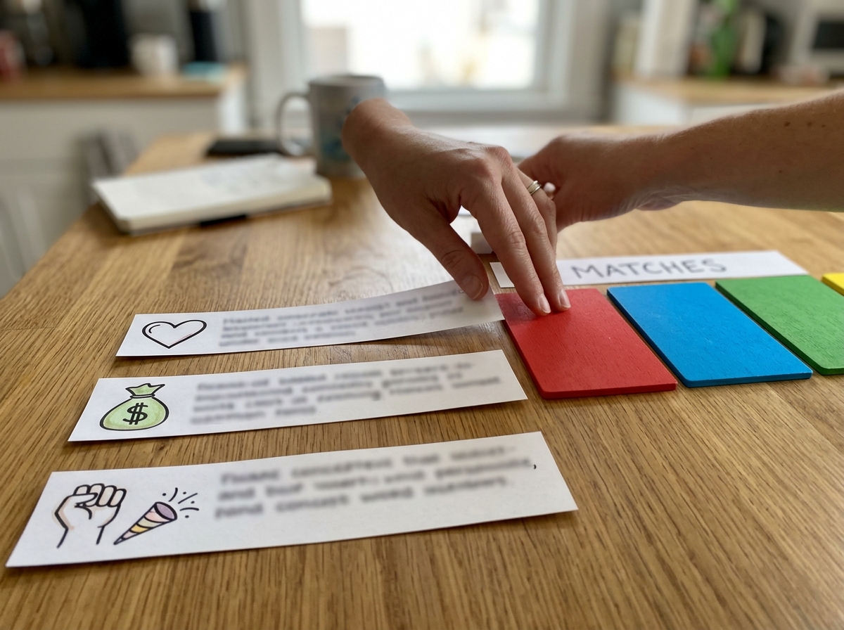 Tabletop checklist using blurred sentence strips and cue icons to choose the right “bird” meaning