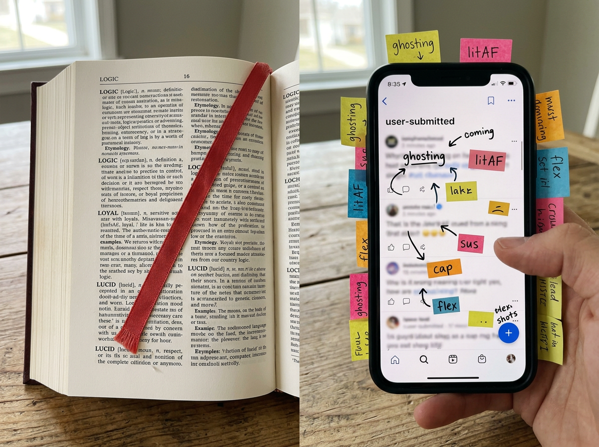 Side-by-side tidy dictionary page and messy phone/slang notes to contrast meanings and tone.