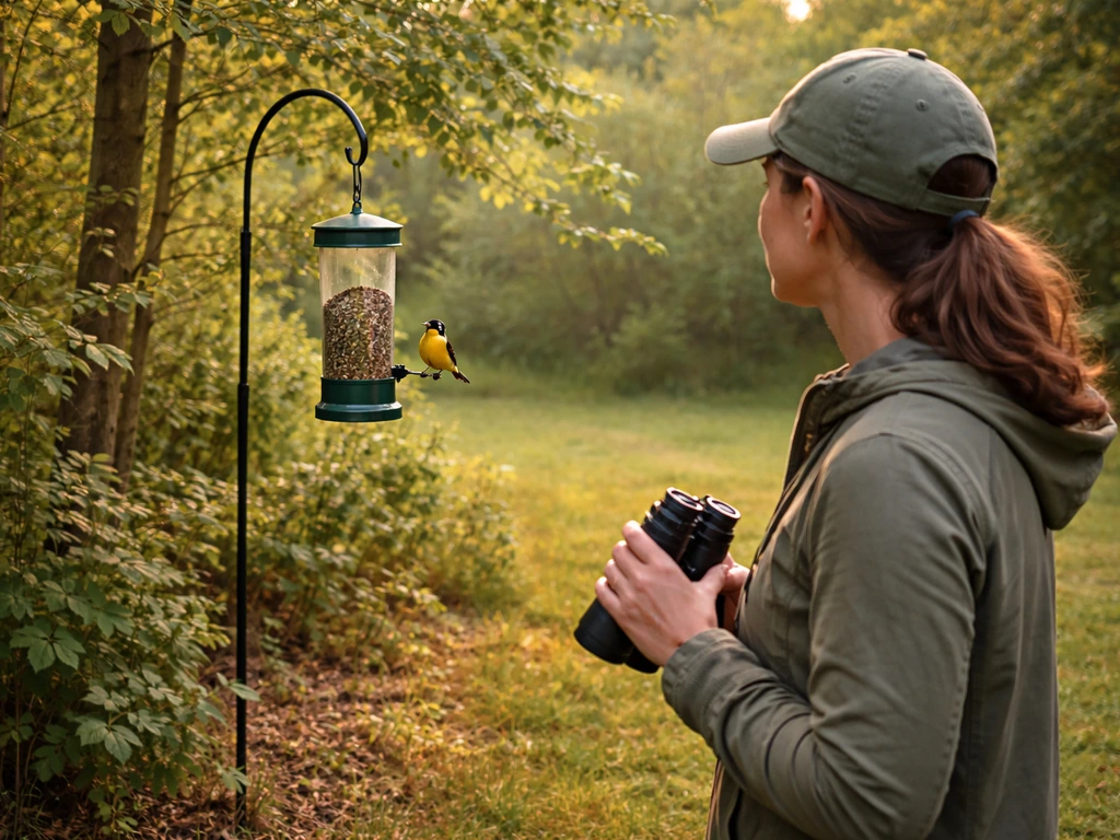 Person using binoculars to watch a wild bird at a feeder near trees in natural light.