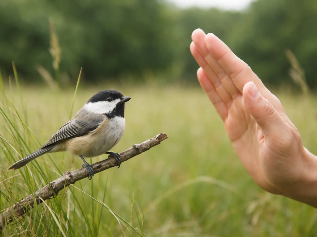 Protected wild bird in tall grass with a nearby hand staying back to suggest capturing is forbidden.