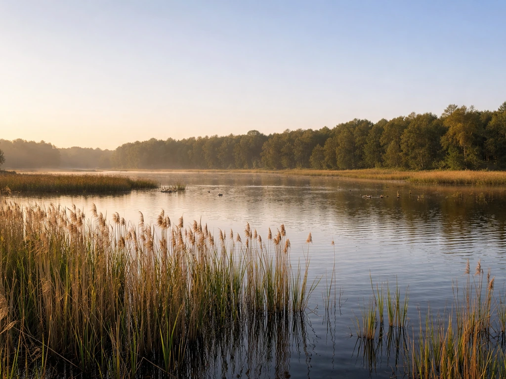 Quiet wetland landscape with forest edge and visible birds feeding near nesting reeds.