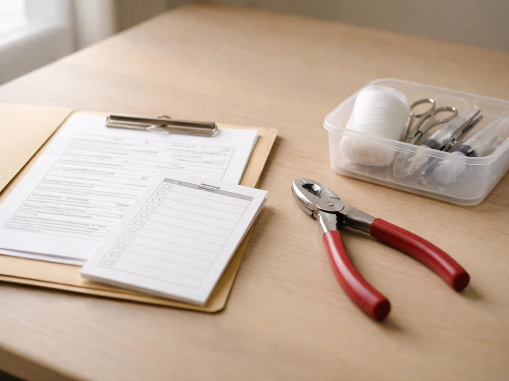 Desk with unreadable wildlife permit papers and bird banding pliers beside a small bird-care kit.
